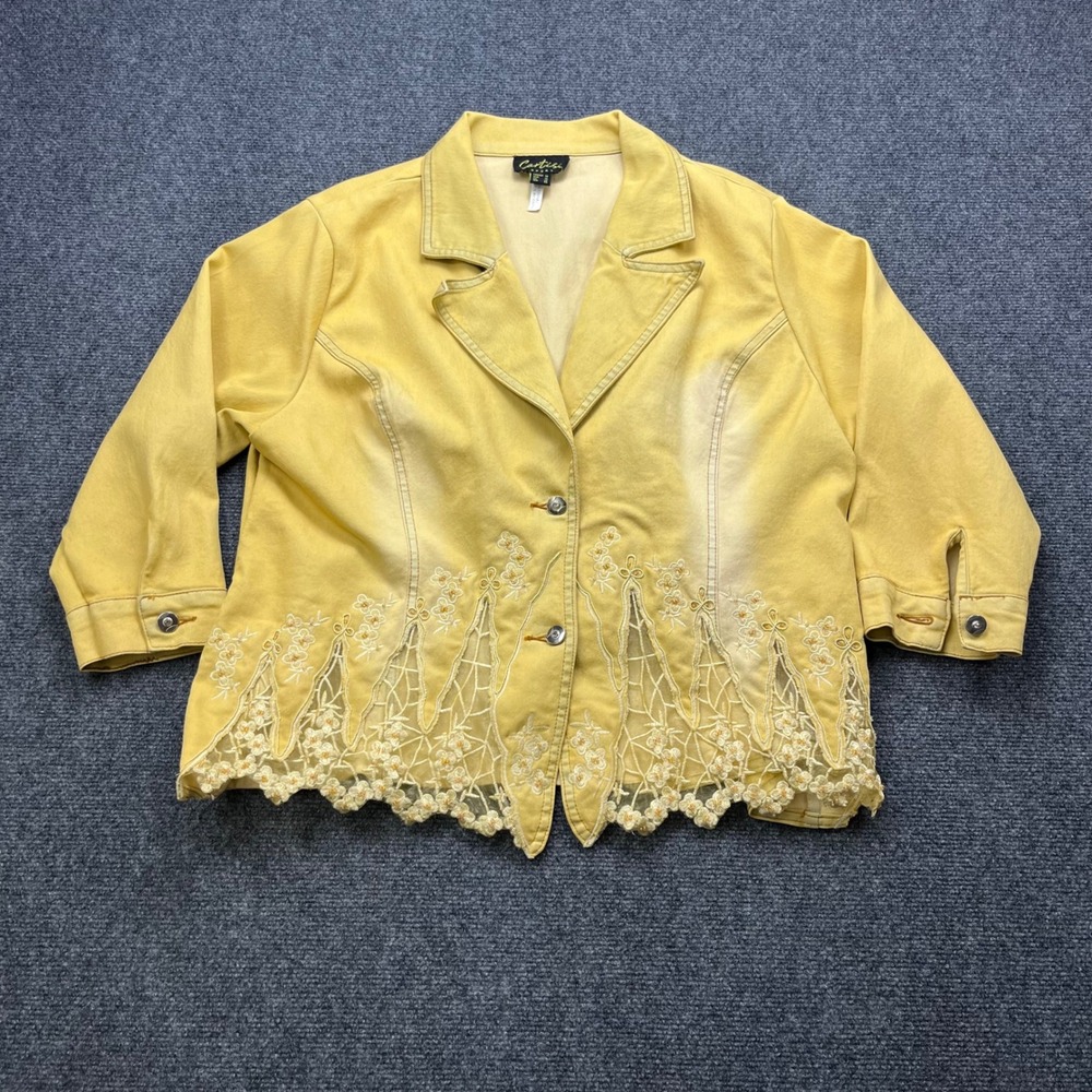 Cartise Boho Embroidered Lace Trim Yellow Denim Style Button Front Jacket